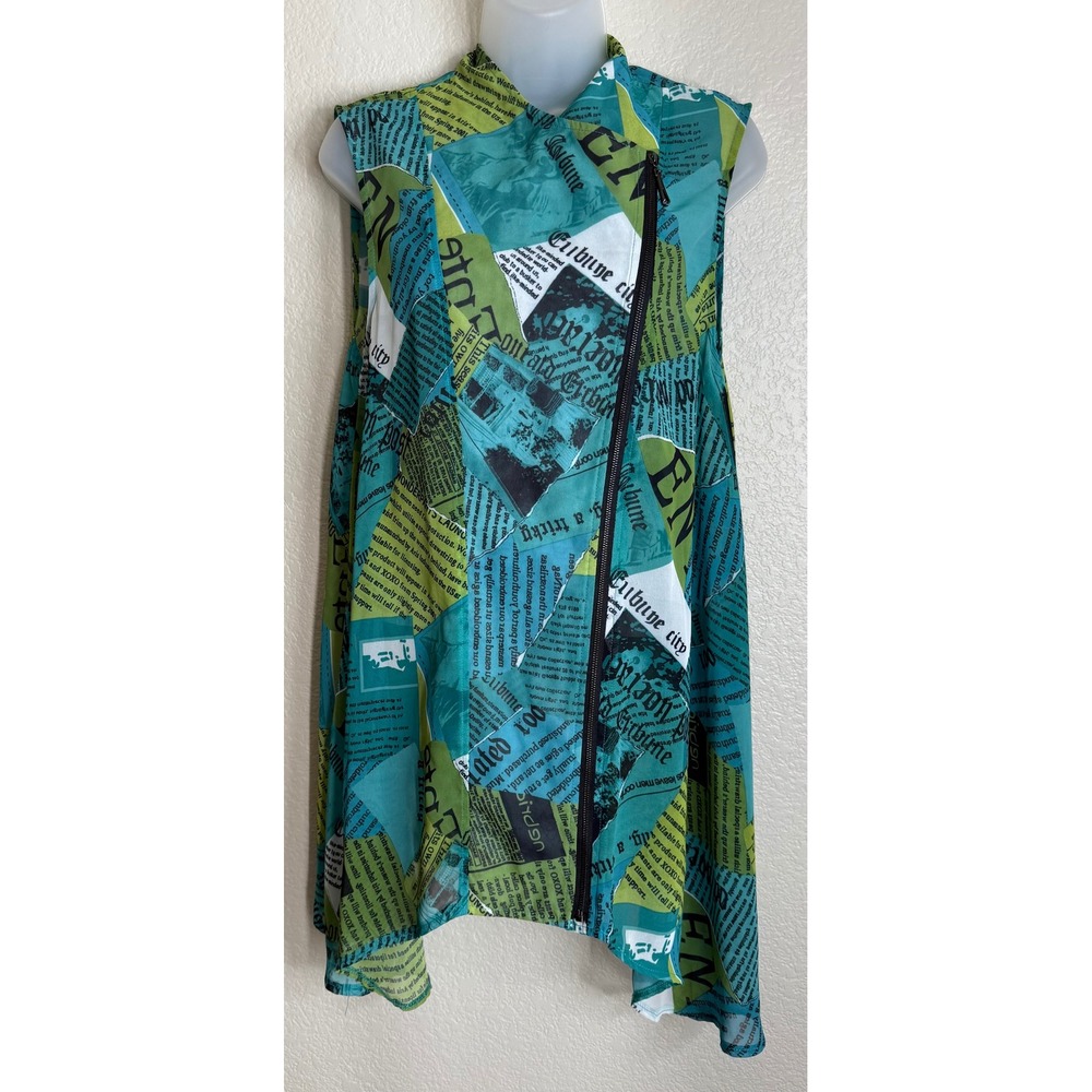 Feratelli Womens S Teal Green Newspaper‎ Print Asymmetric Zip Sleeveless Top Art
